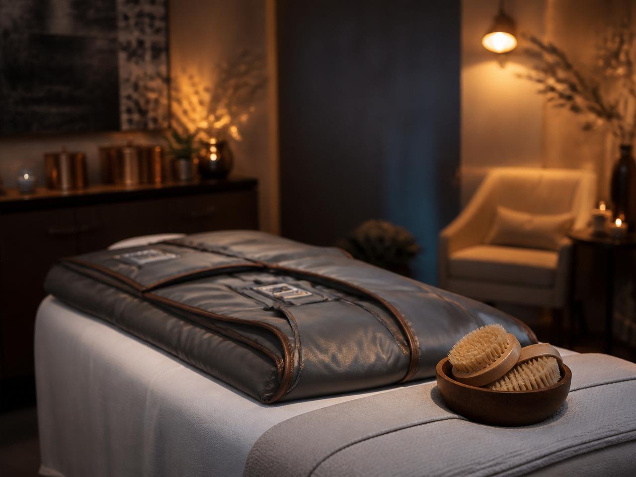 Infrared sauna wrap blanket on a treatment table with dry-brush exfoliators